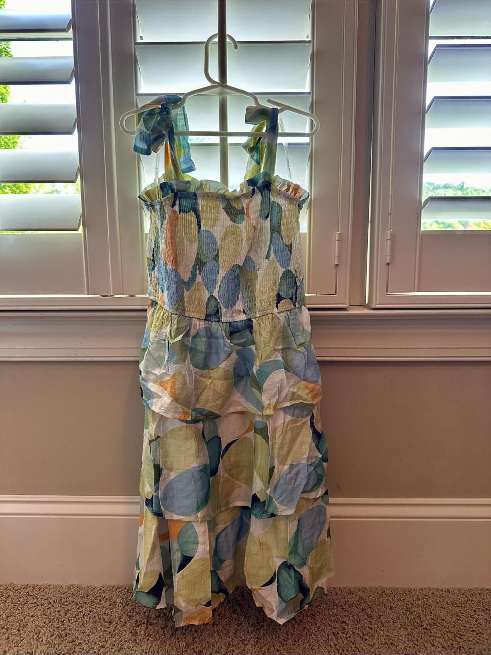 Hayden Girls Tiered Tie-Strap Maxi Dress in Blue, Green & Cream - Size Large